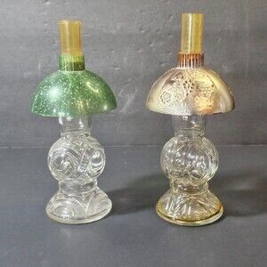Vtg Set of 2 Mini Kerosene Lamps Perfume Bottles 7 Inches Green Copper